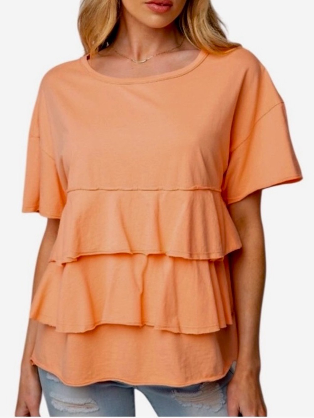 🟠NWT EASEL Oversized Short Sleeve Tiered Ruffle Top in Peach MED